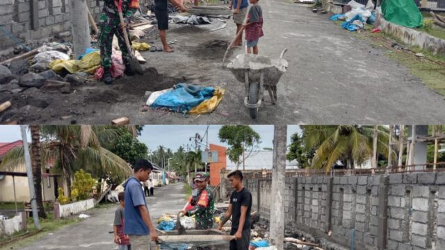 Wilayah Perbatasan Babinsa Koramil 1312/07 Miangas, Bantu Warga Bangun Pagar Rumah Ringankan Kesulitan Warga Binaan
