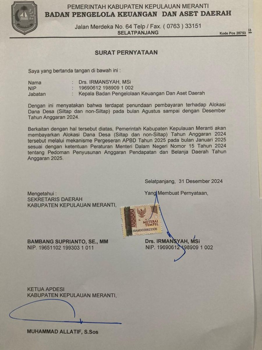 Kecewa Dana Belum Cair, Sejumlah Perangkat Desa Laporkan Bupati Meranti ke Organisasi Desa Bersatu