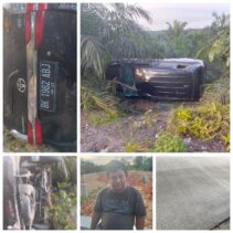 Jalan Licin Akibat Ceceran Minyak, Sebuah Mobil Terbalik Di Minas